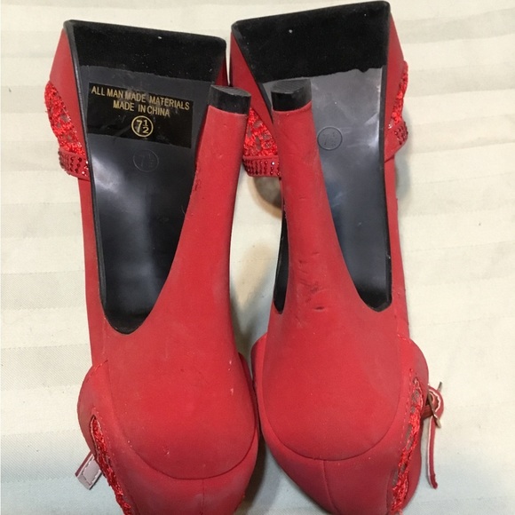 Top Moda Red Lace Platform Heels Rhinestone Embellishments - Picture 12 of 13